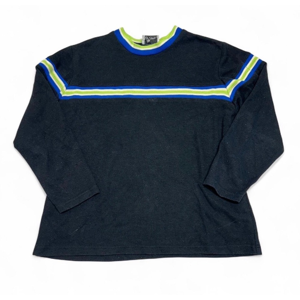 Self Esteem Vintage 90s Black Long Sleeve Stripe Crew Neck Knit Top Women Large